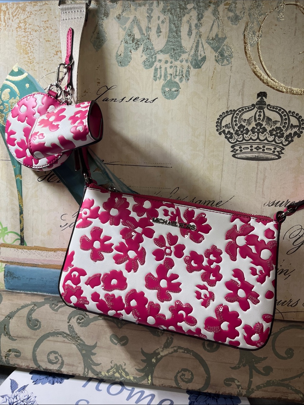 Michael Kors Pink Floral Crossbody Bag with 2 coin pouch charms